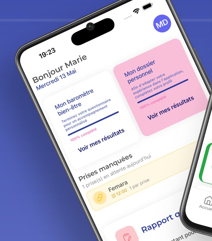 Écran d’accueil de l’application Resilio Health : baromètre bien-être, dossier personnel et prises du jour